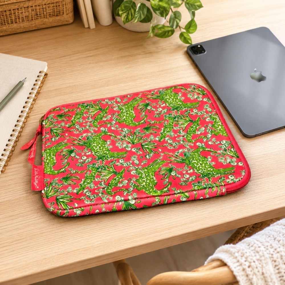 Lilly Pulitzer Laptop Sleeve Tablet Case Pink Green Alligator Print Neoprene